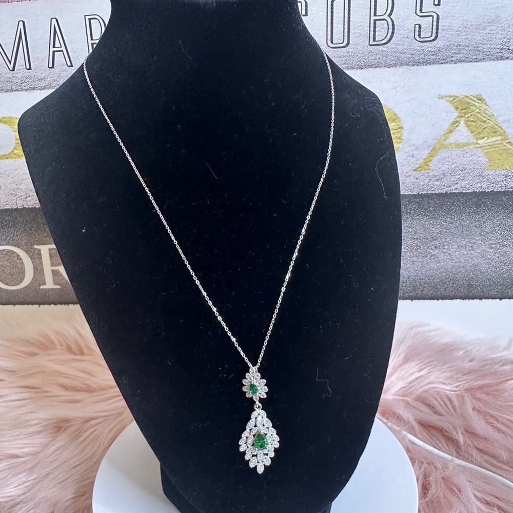 925 Sterling Silver Simulated Emerald & CZ Pendant Necklace May